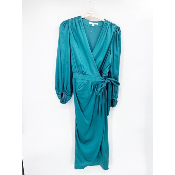 Jonathan Simkhai Blue Satin Long Sleeve Wrap Midi V-Neck Cocktail Dress Size M - Picture 1 of 6